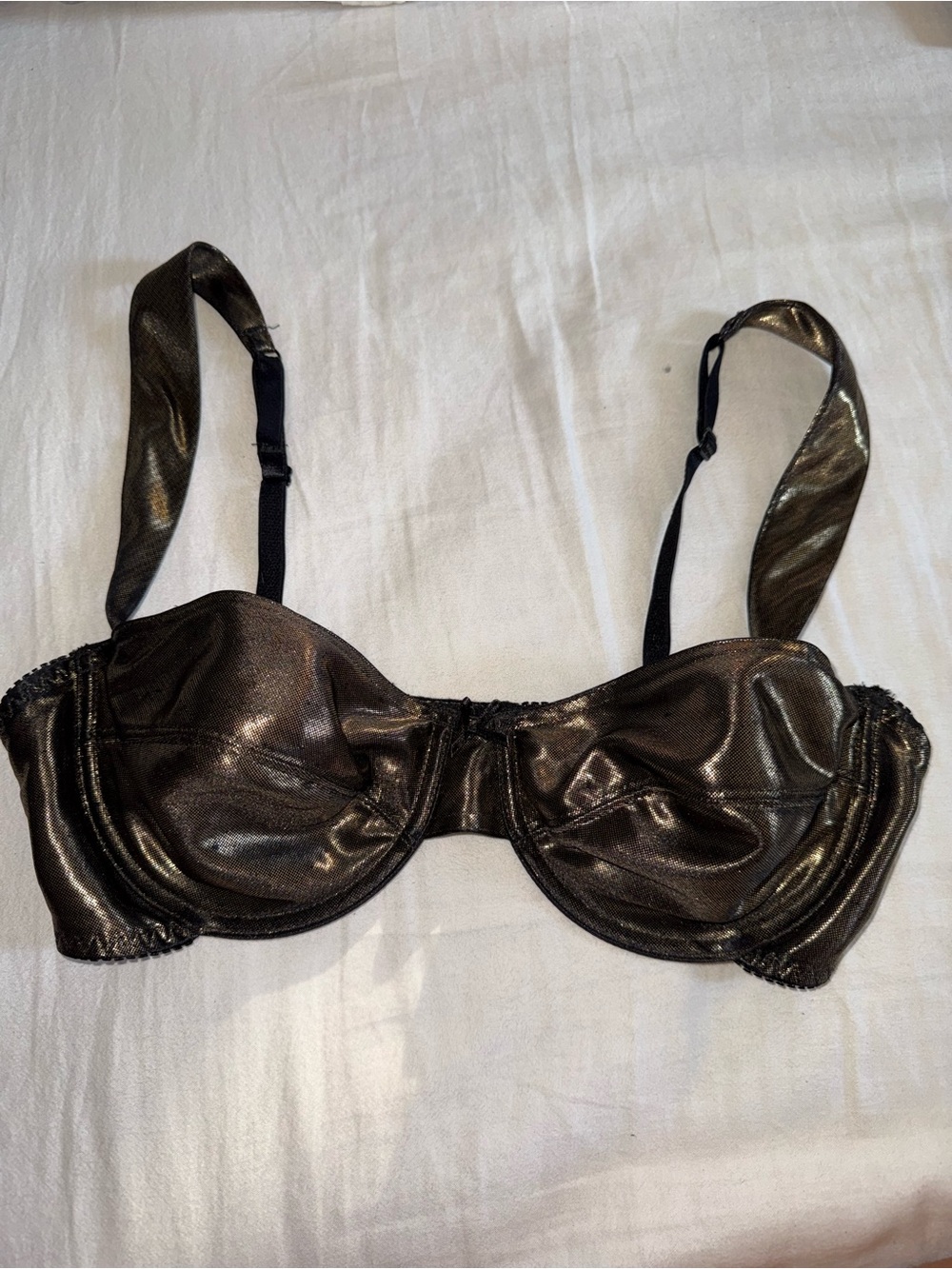 34c vintage Black leather bra with gold metallic sheen #leather #metallic